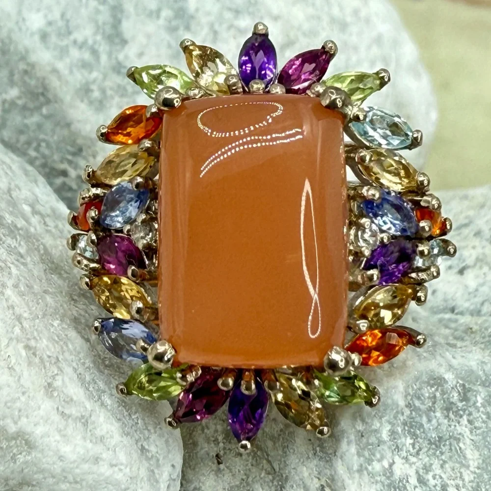 NWT Peach Moonstone & Multi-Gemstone Cocktail Ring 9.85 ctw Platinum Over 925 SS